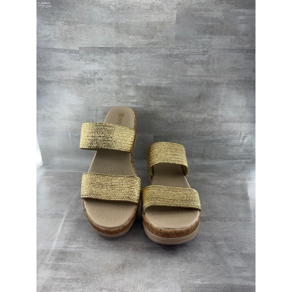 Bzees Resort Women Gold Metallic Woven Double Strap Wedge Sandals Sz 8.5M